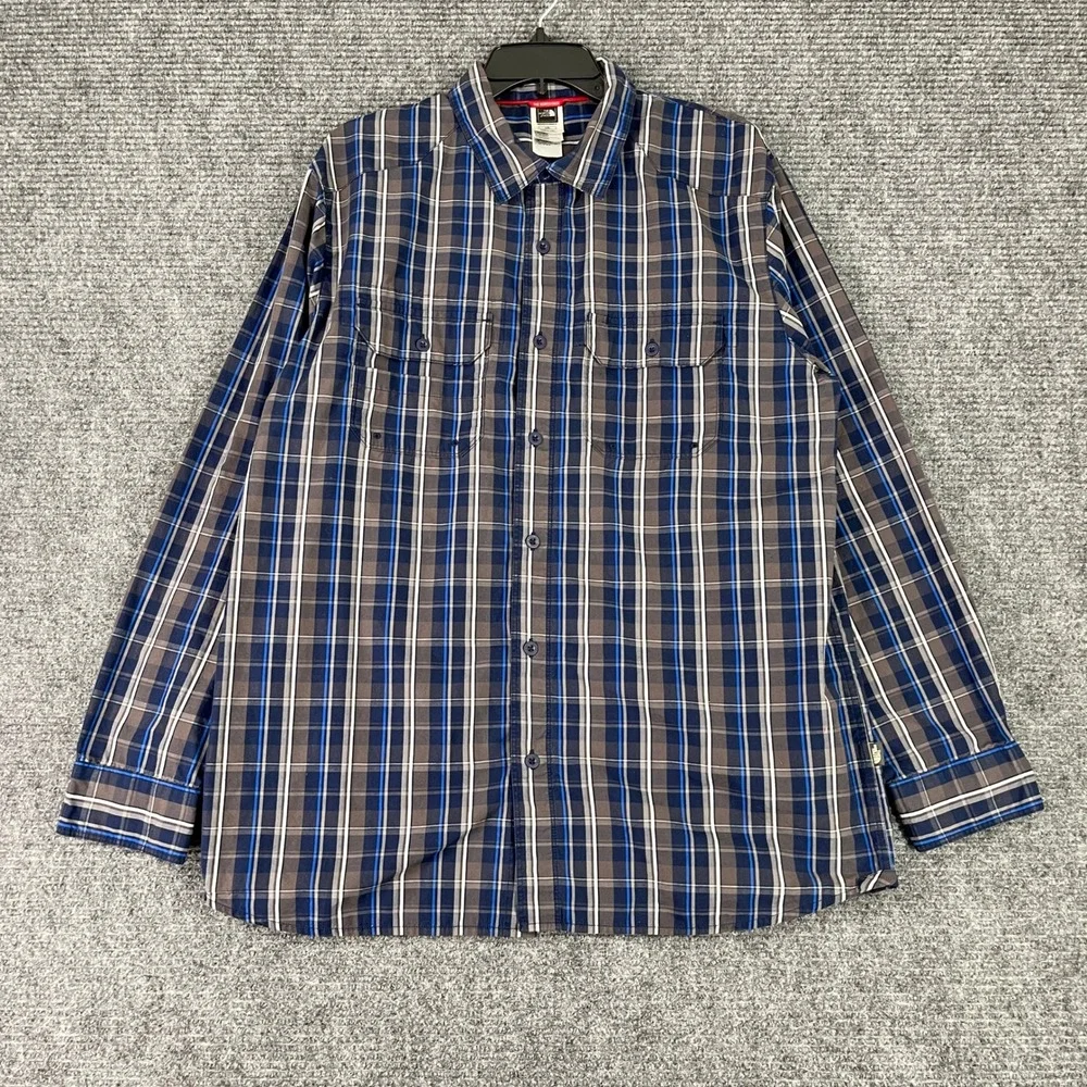 North‎ Face Plaid Button Down Shirt Long Sleeve Outdoor Hiking Blue Brown L Mens